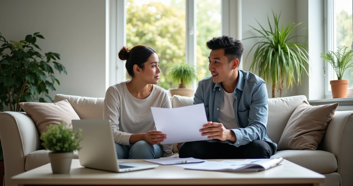 Duas pessoas sentadas em sofá discutindo contrato de aluguel 