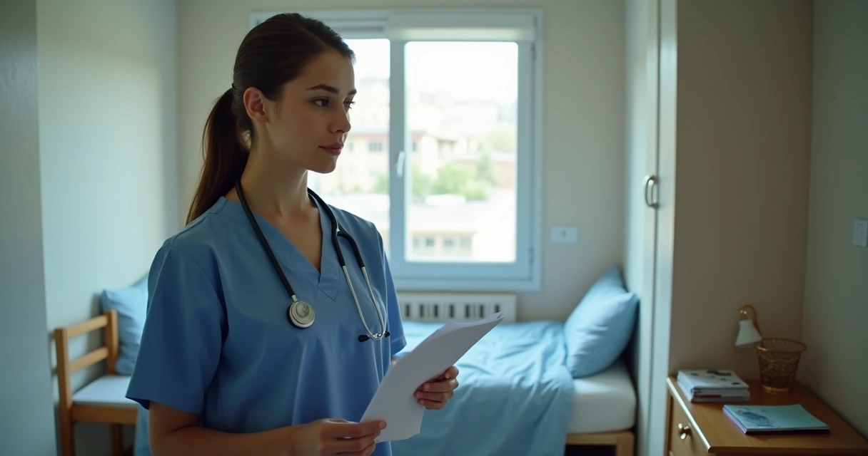 Residente médico em apartamento simples com móveis básicos 