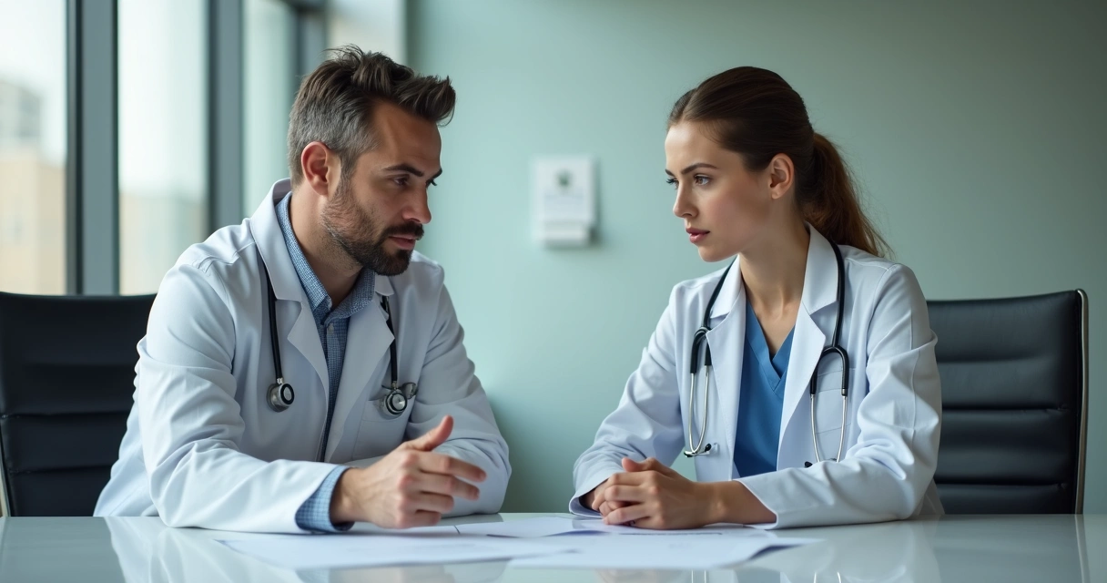 Médico residente sentado em sala de reunião hospitalar, olhar preocupado, ao lado de advogado com crachá. Mesa com documentos jurídicos. 