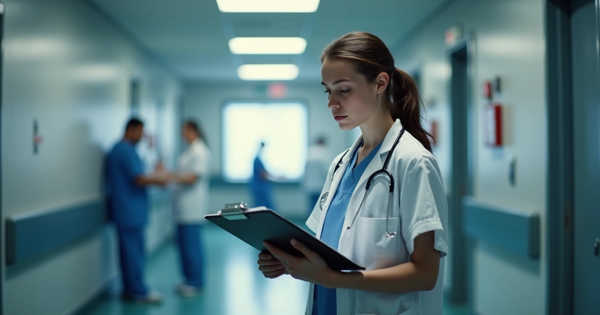 Médico residente revisando prontuário no hospital 