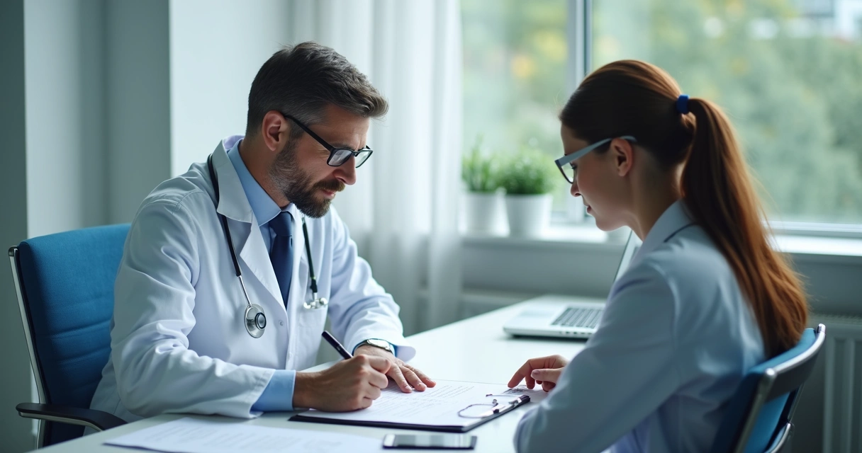 Médico residente assinando prontuário ao lado de paciente 