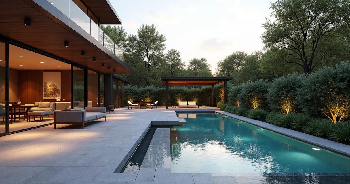 3D rendering of a residential backyard with modern patio, pool, garden lighting, shaded pergola