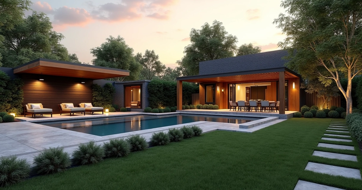 3D rendering of a modern backyard with pergola and pool