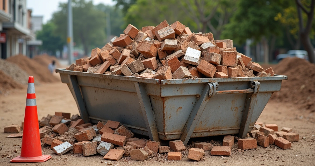 Resíduos de construção variados dentro de uma caçamba de metal 