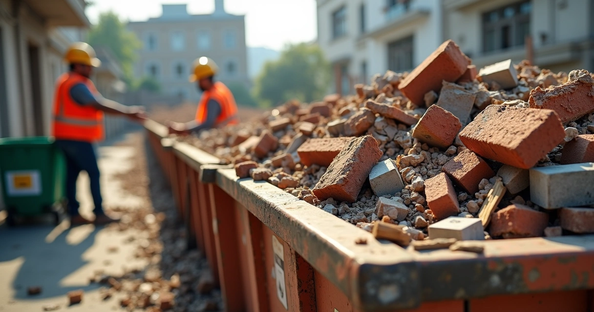 Caçamba com resíduos de construção sendo separados 