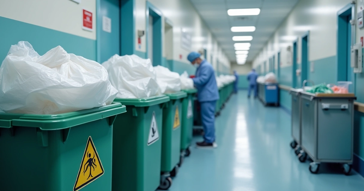 Sacos brancos para resíduos hospitalares infectantes e caixa para perfurocortantes em ambiente de hospital. 