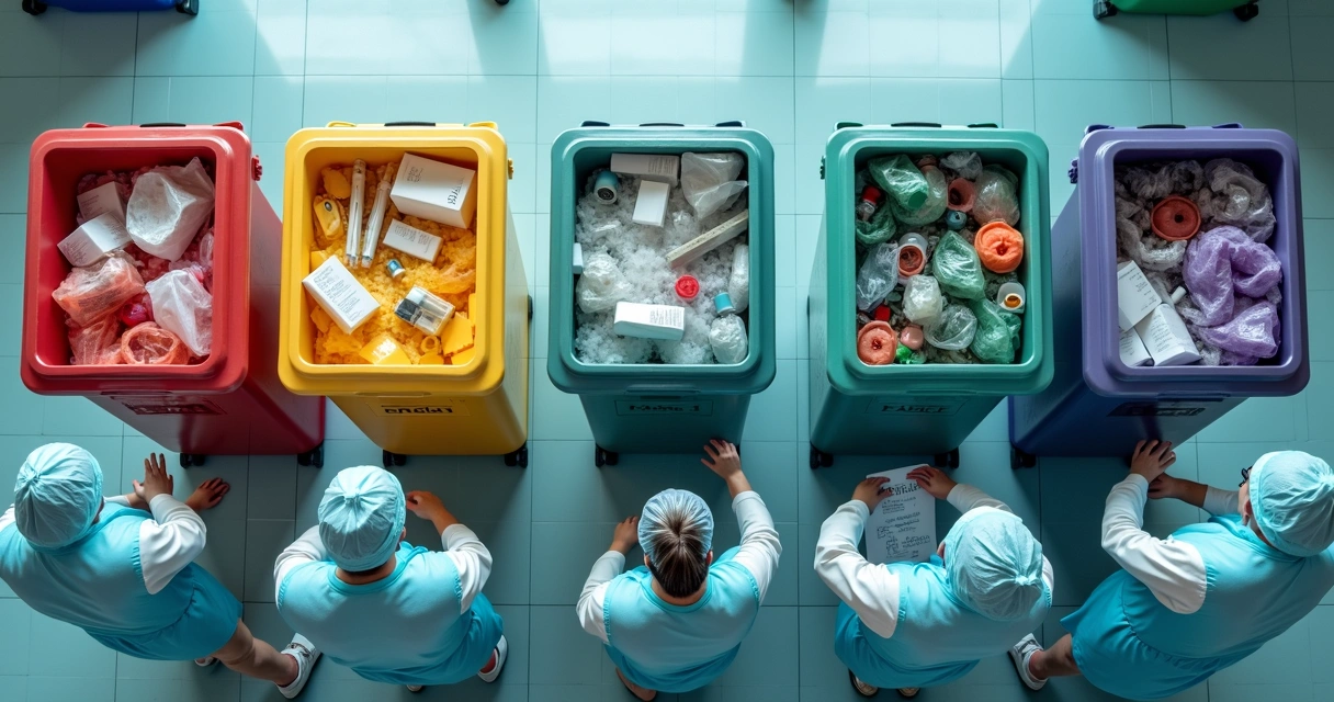 Tipos de resíduos hospitalares em recipientes distintos 