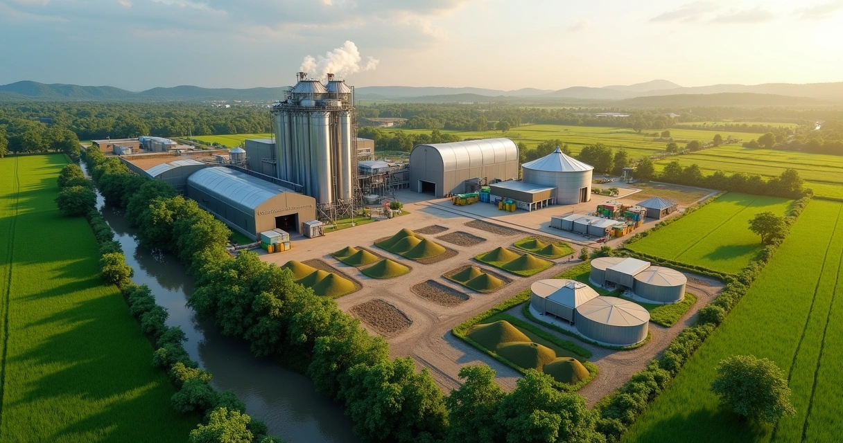 Vista aérea de usina de moringa com resíduos industriais separados 