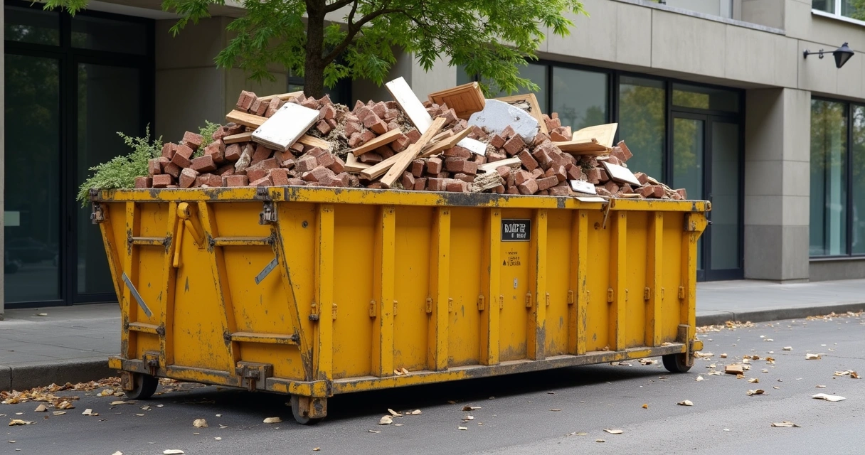 Materiais de construção misturados em uma caçamba urbana 