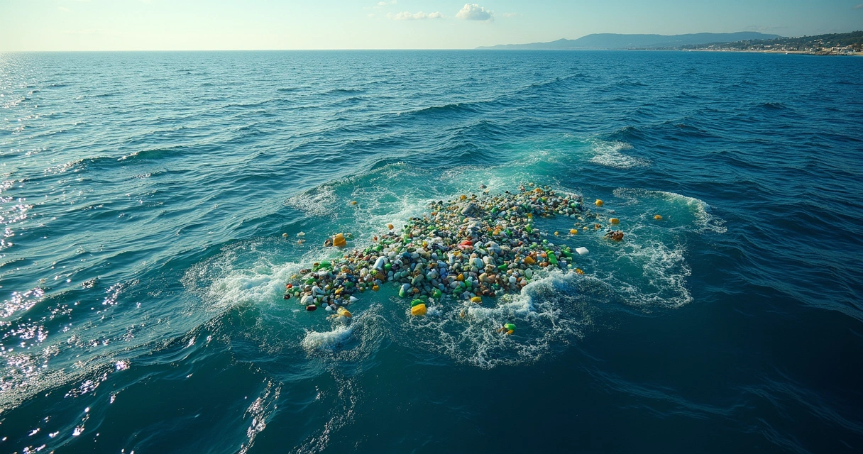 Resíduos plásticos flutuando no oceano azul intenso 