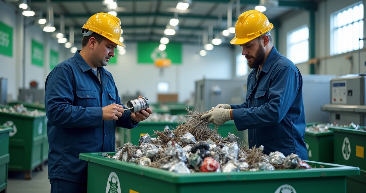 Funcionários em uniforme organizam resíduos industriais para reciclagem 