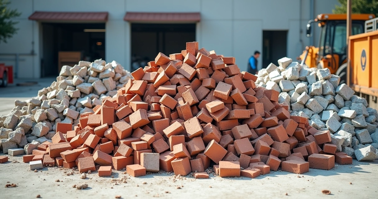 Resíduos de obra separados em pilhas recicláveis 