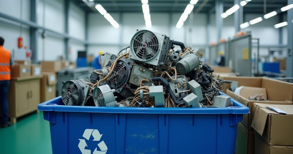 Peças velhas de refrigerador industrial em recipiente apropriado 