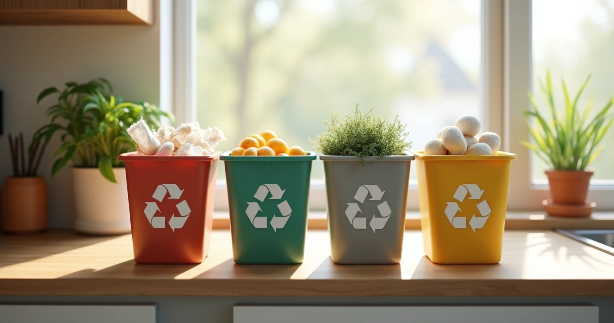 Várias caixas organizadas com papel, plástico, vidro e metal separados