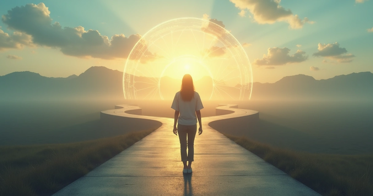 Person standing calmly on a path splitting into many uncertain roads 