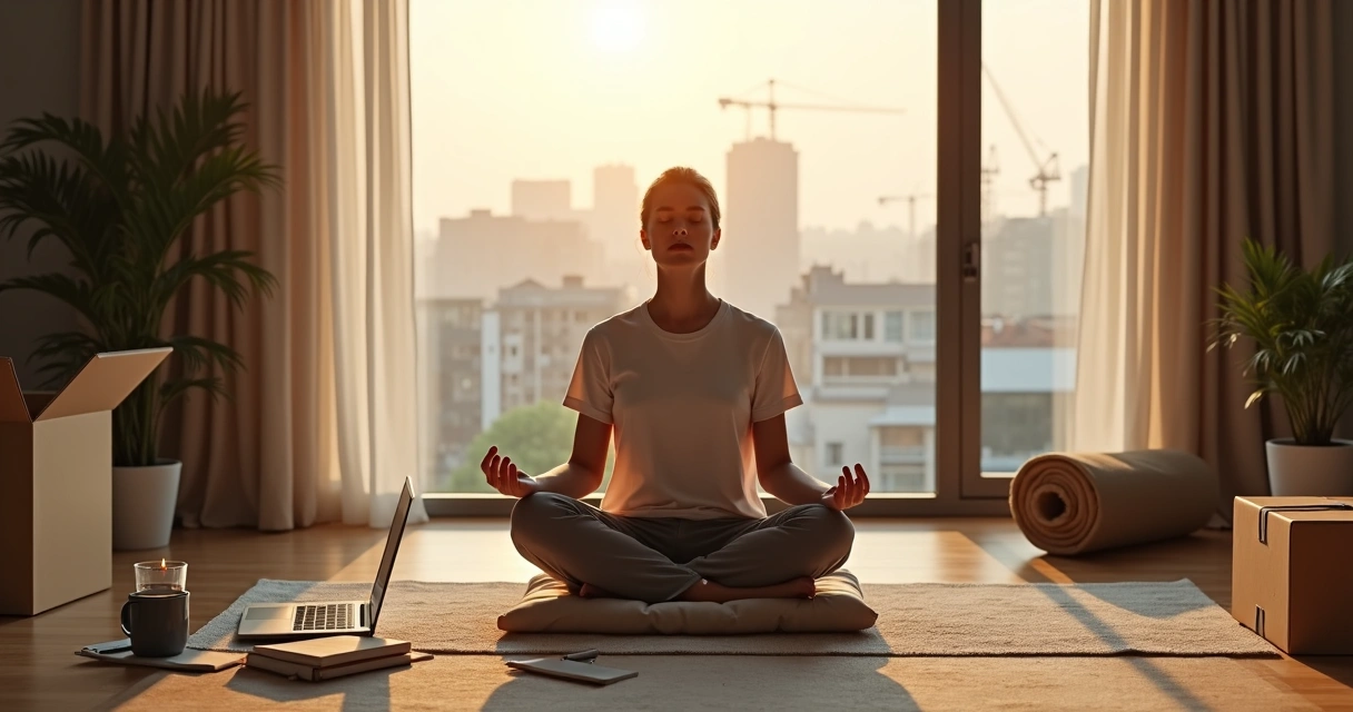 Person meditating calmly at sunrise surrounded by moving boxes and a city skyline 