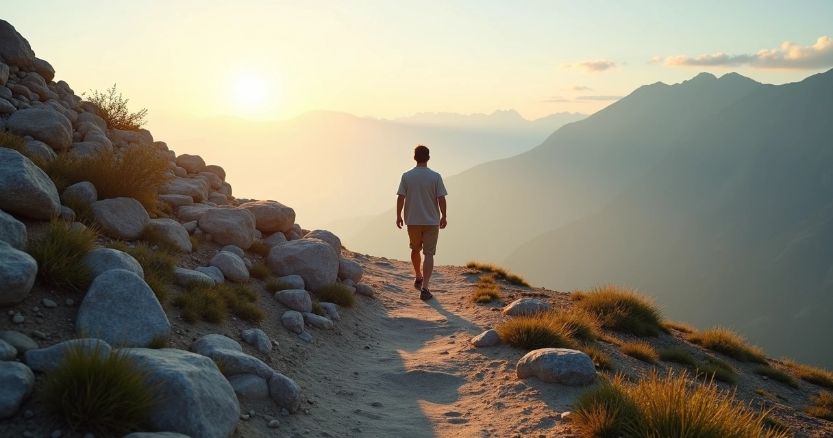 Pessoa caminhando em trilha que se divide entre caminho rígido e caminho flexível 