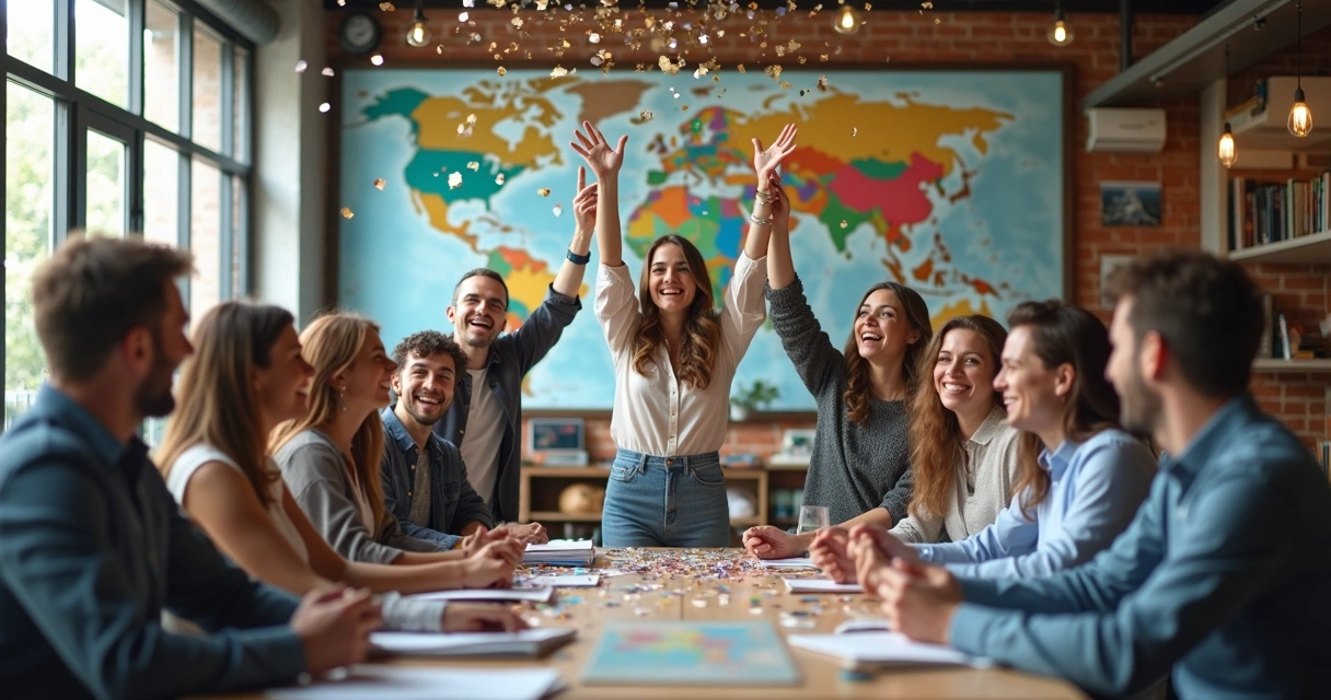 Equipe celebrando superação de desafios econômicos em agência de viagens com ambiente alegre. 