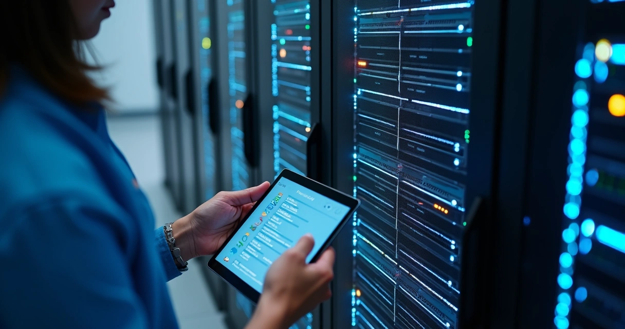 Sala de servidores com armário de backup e administrador conferindo dados 
