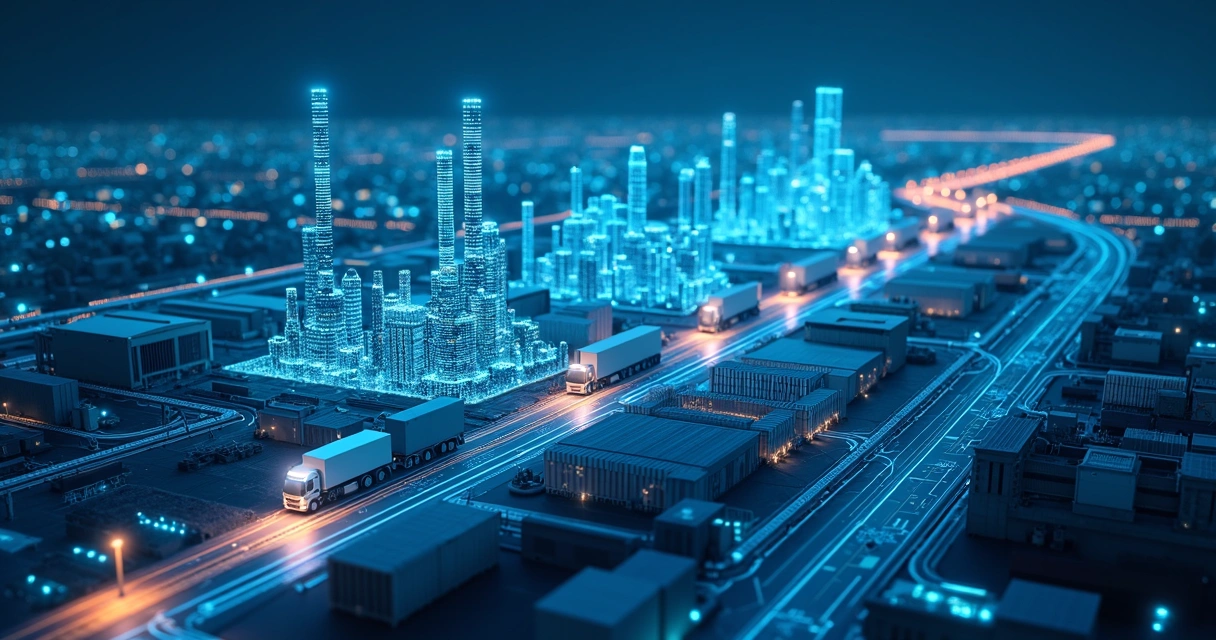 Cadeia industrial conectada com fluxos de dados representando resiliência 