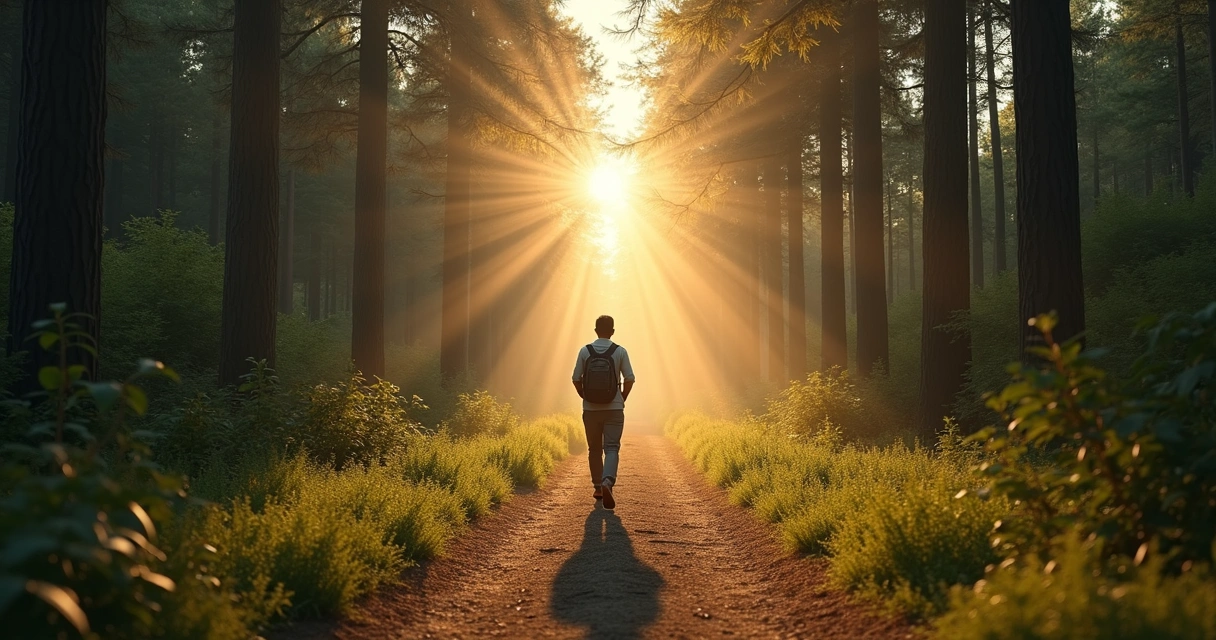 Pessoa caminhando sozinha por uma trilha com árvores, luz suave ao fundo 