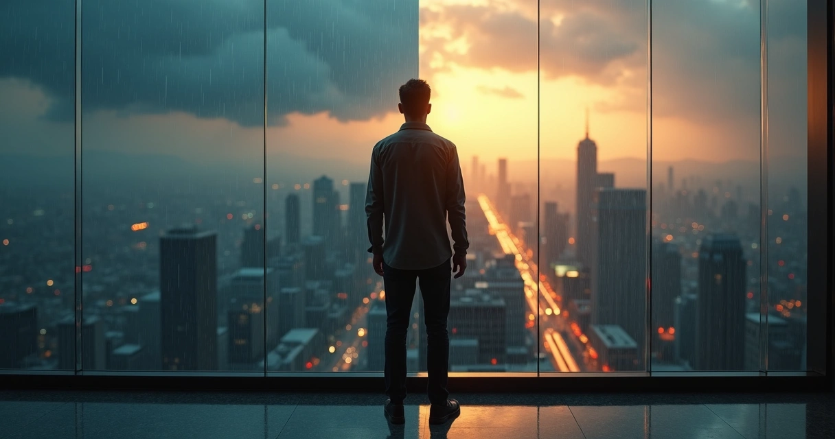 Persona observando una ciudad bajo tormenta desde un mirador elevado 