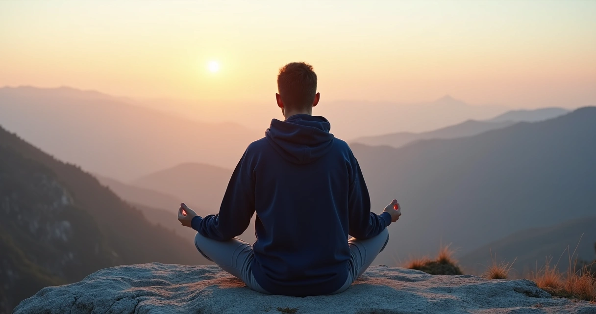 Pessoa sentada meditando no topo de uma montanha ao nascer do sol 