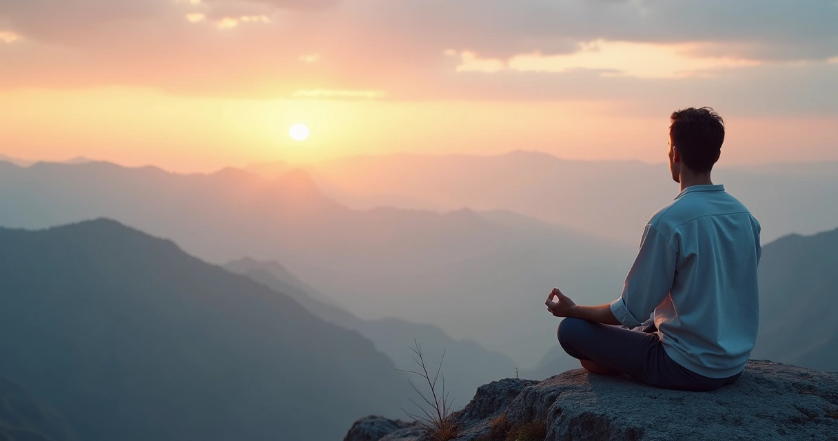 Persona meditando al amanecer en la cima de una montaña con luz suave 