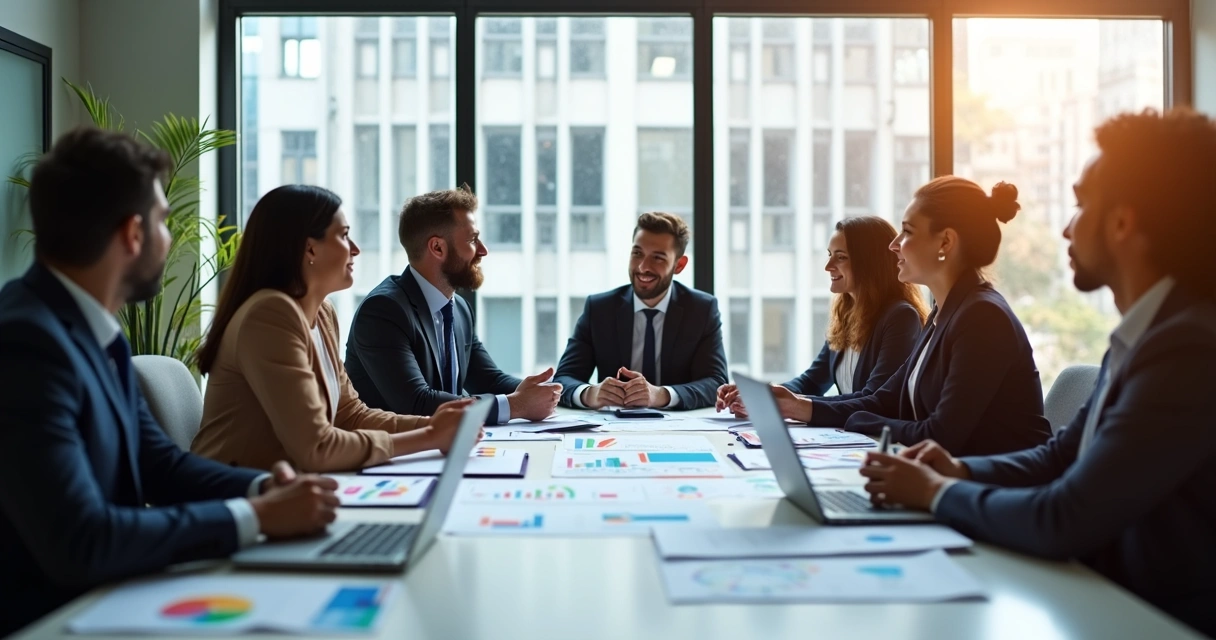 Equipe corporativa reunida em mesa de trabalho com papéis, laptops e gráficos, todos atentos e colaborando. 