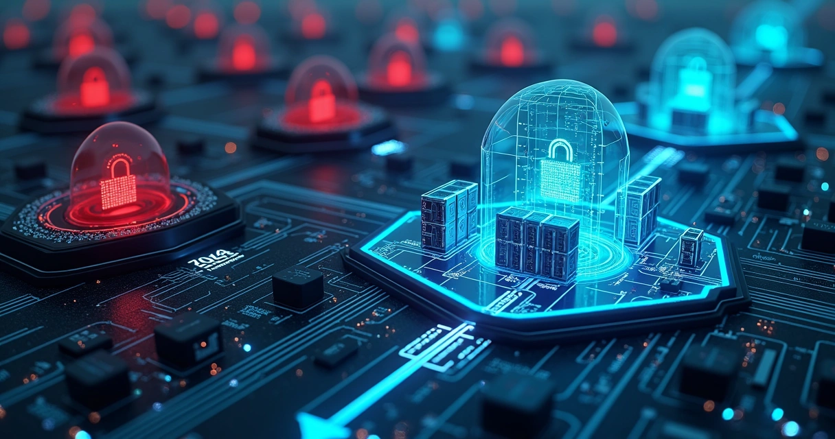 Rede corporativa com ilhas de servidores protegidos em meio a código bloqueado 