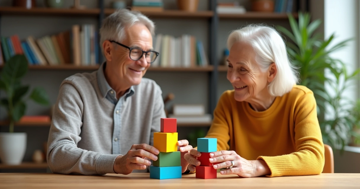 Duas pessoas diferentes equilibrando blocos coloridos
