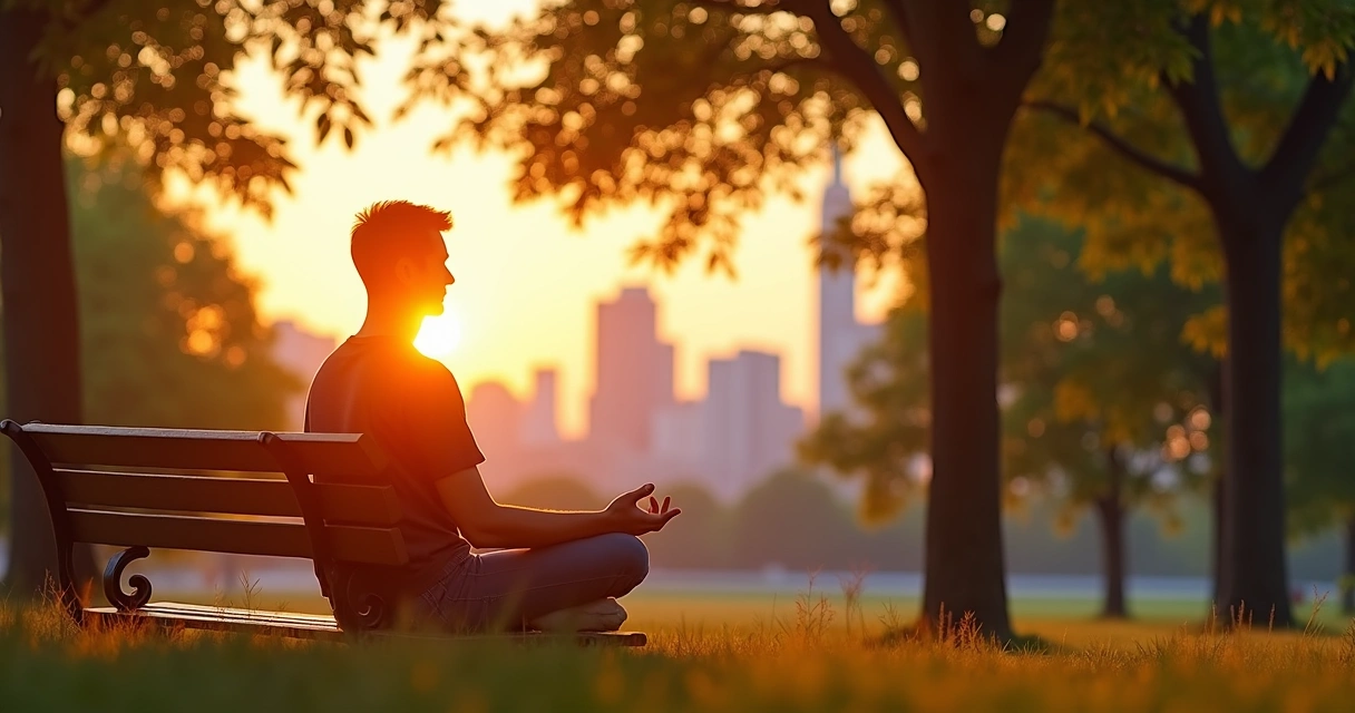 Persona sentada en un banco meditando en un parque durante la tarde