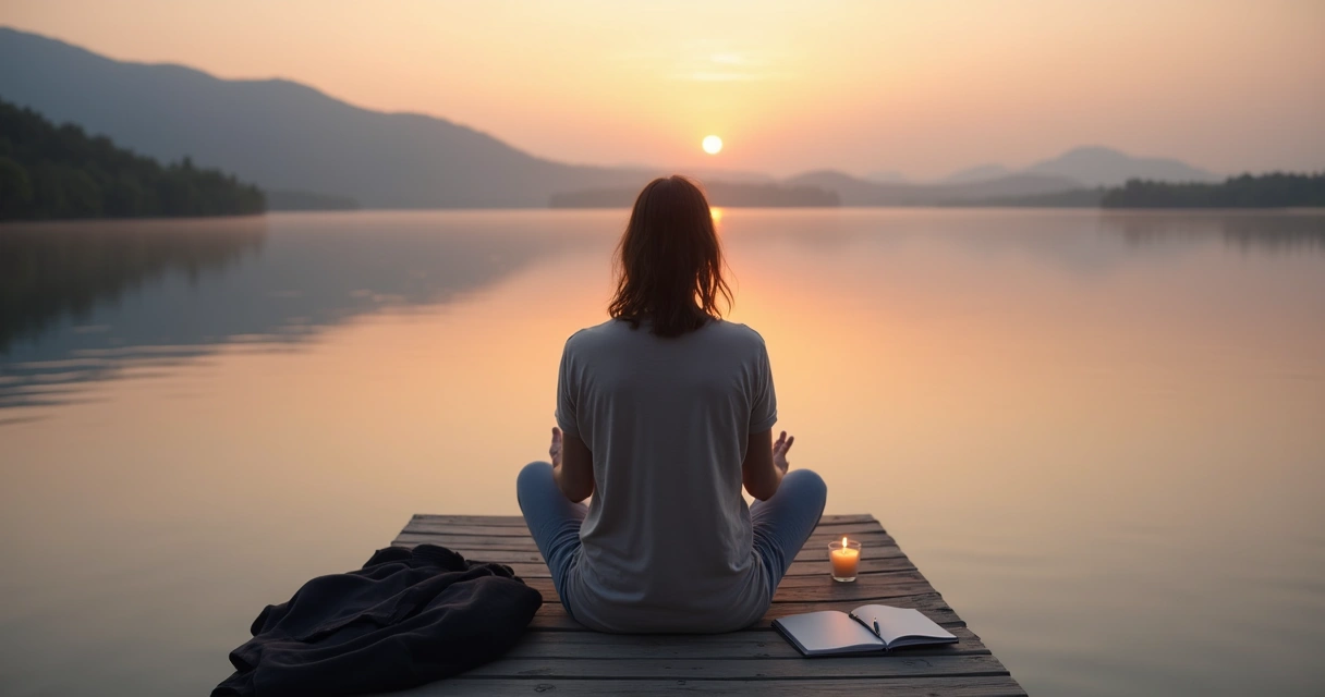 Pessoa sentada em deck de madeira na beira de lago ao entardecer segurando uma vela acesa 