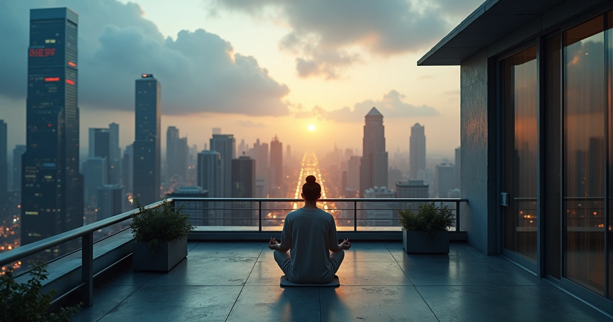 Pessoa em postura serena em meio à cidade caótica vista de cima 