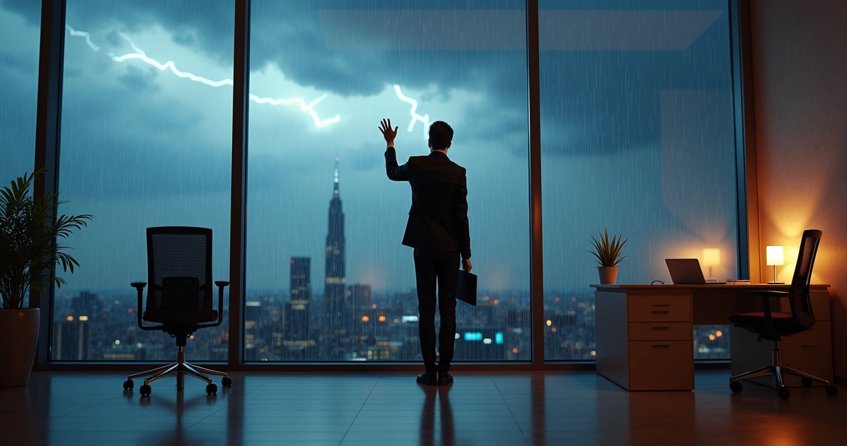 Profissional em escritório observando tempestade através de parede de vidro 