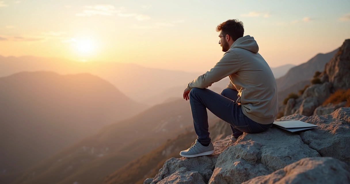 Persona sentada en una montaña al amanecer reflexionando y levantándose tras una caída 