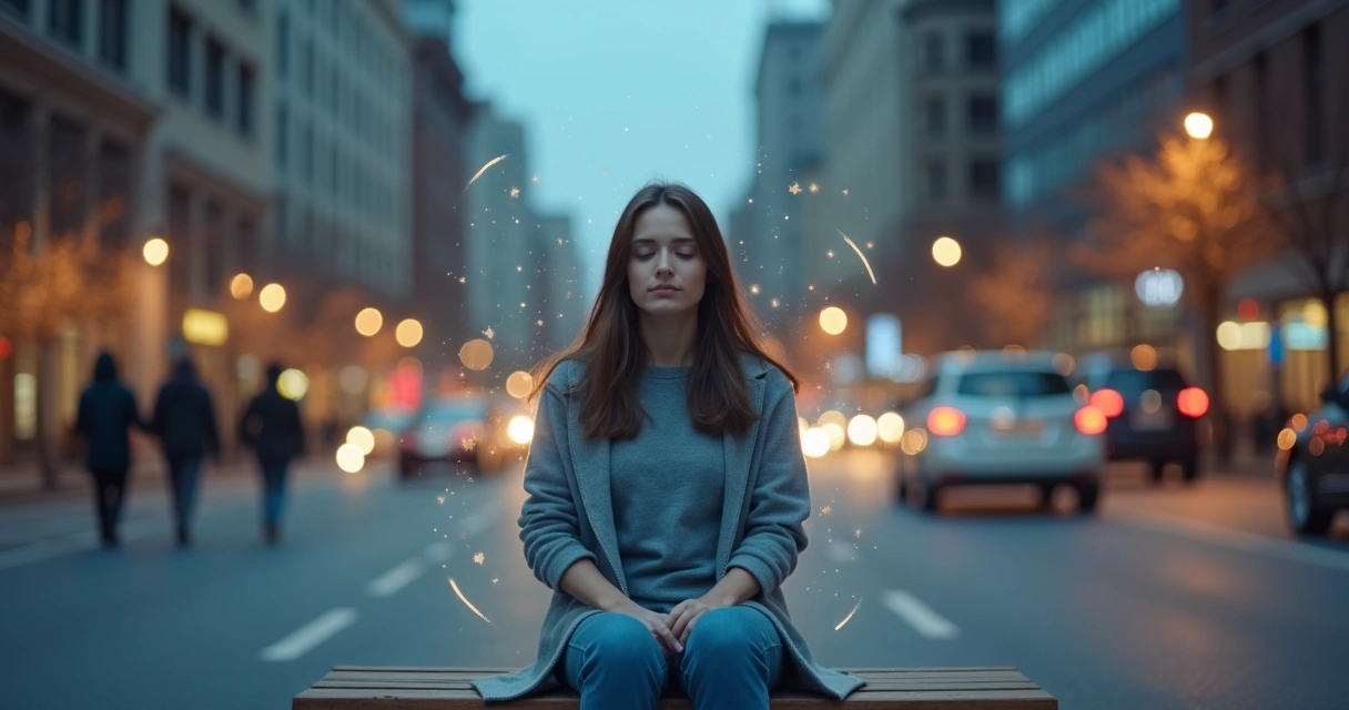 Pessoa em meio à cidade desfocada mantendo expressão serena e postura confiante 