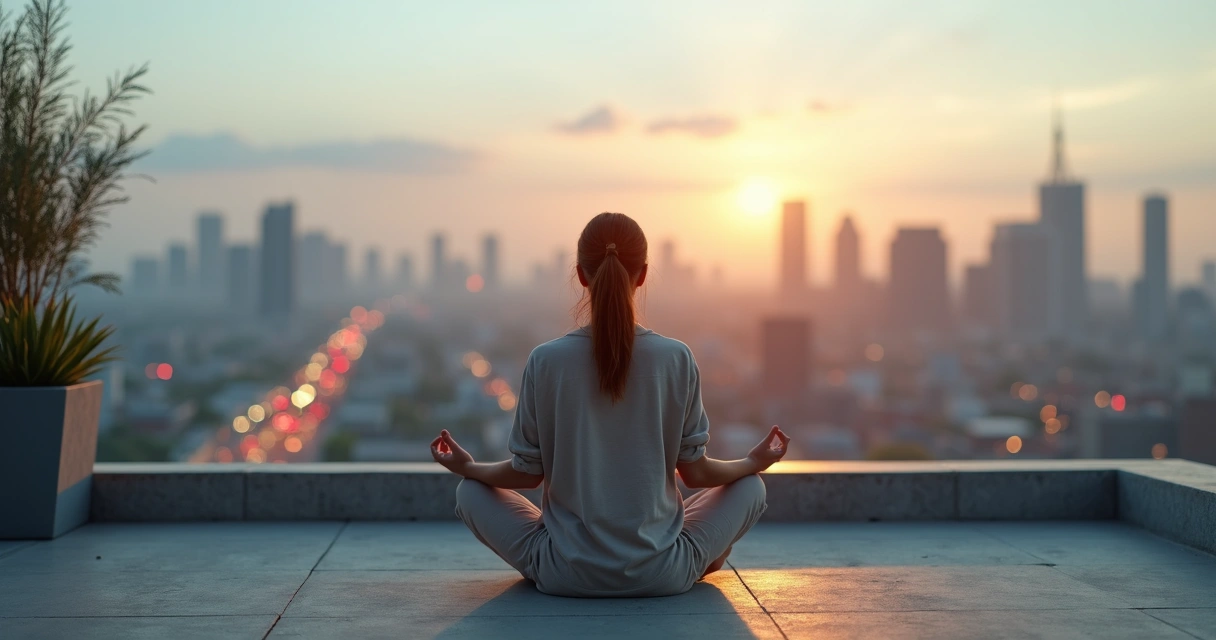 Pessoa meditando em equilíbrio em meio à cidade desfocada ao fundo 