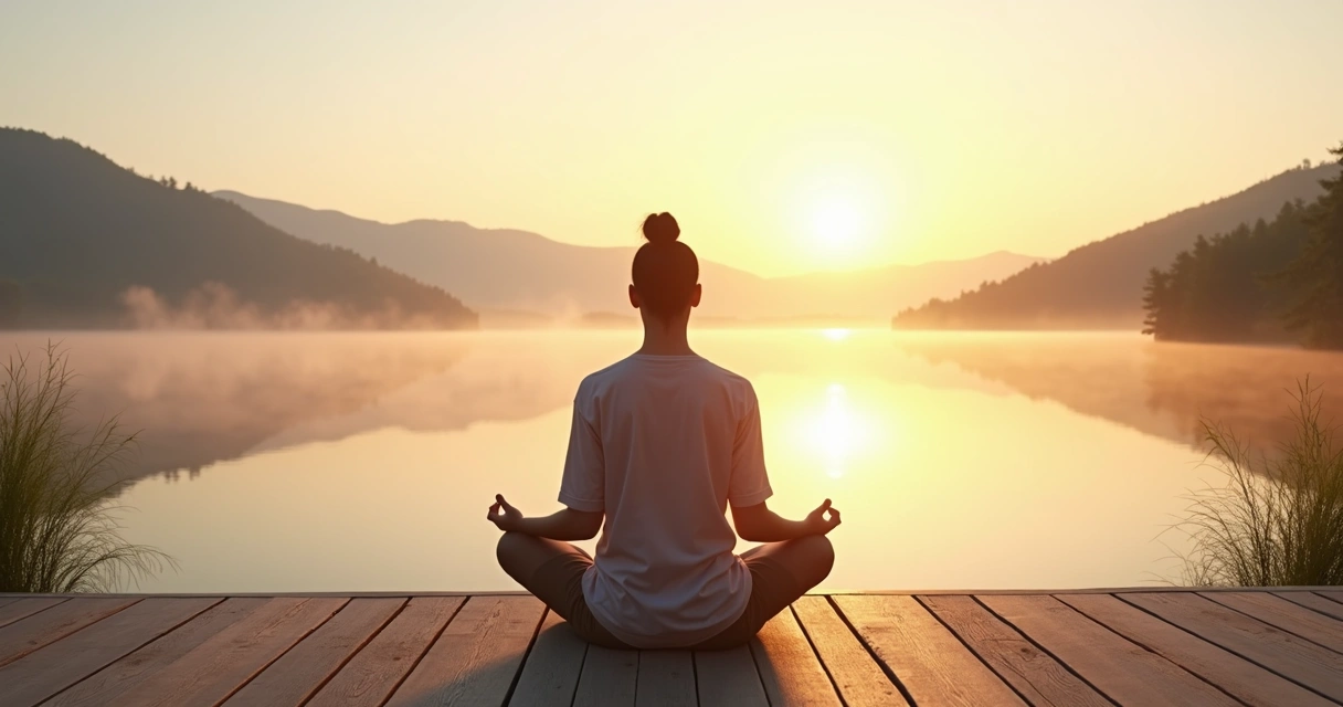 Pessoa sentada meditando ao amanhecer em paisagem serena 