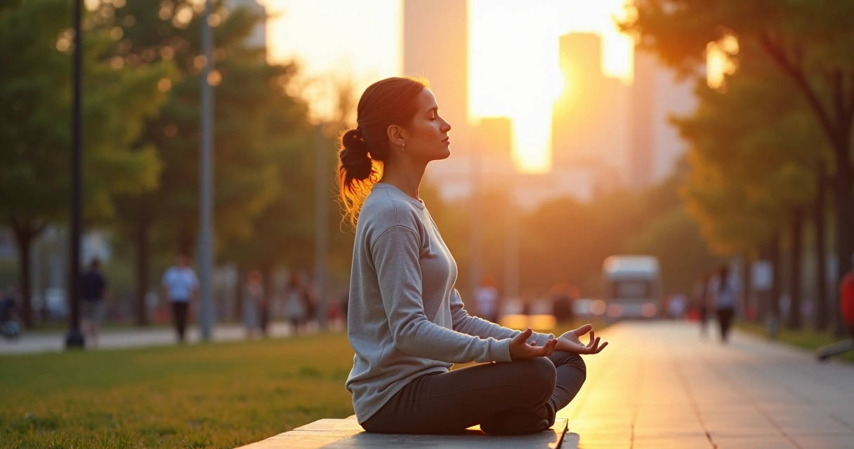 Pessoa sentada em posição de meditação em meio à cidade mantendo calma e foco 