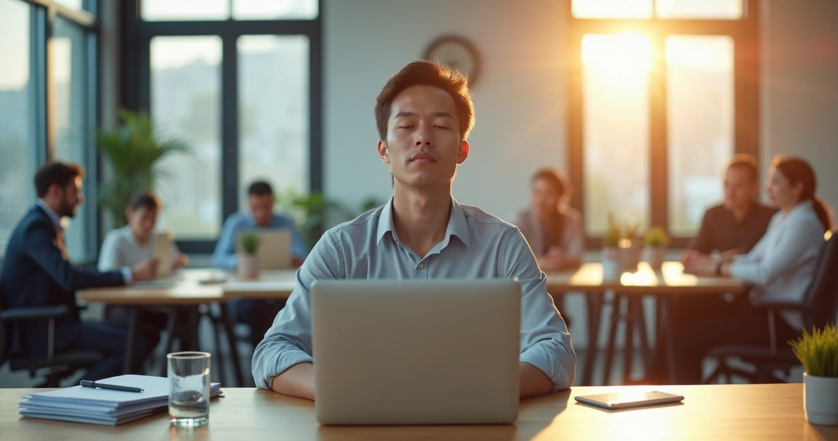 Profissional em escritório respirando fundo diante do computador 