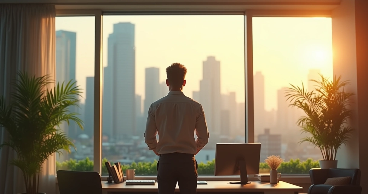 Persona serena mirando por la ventana de una oficina moderna 