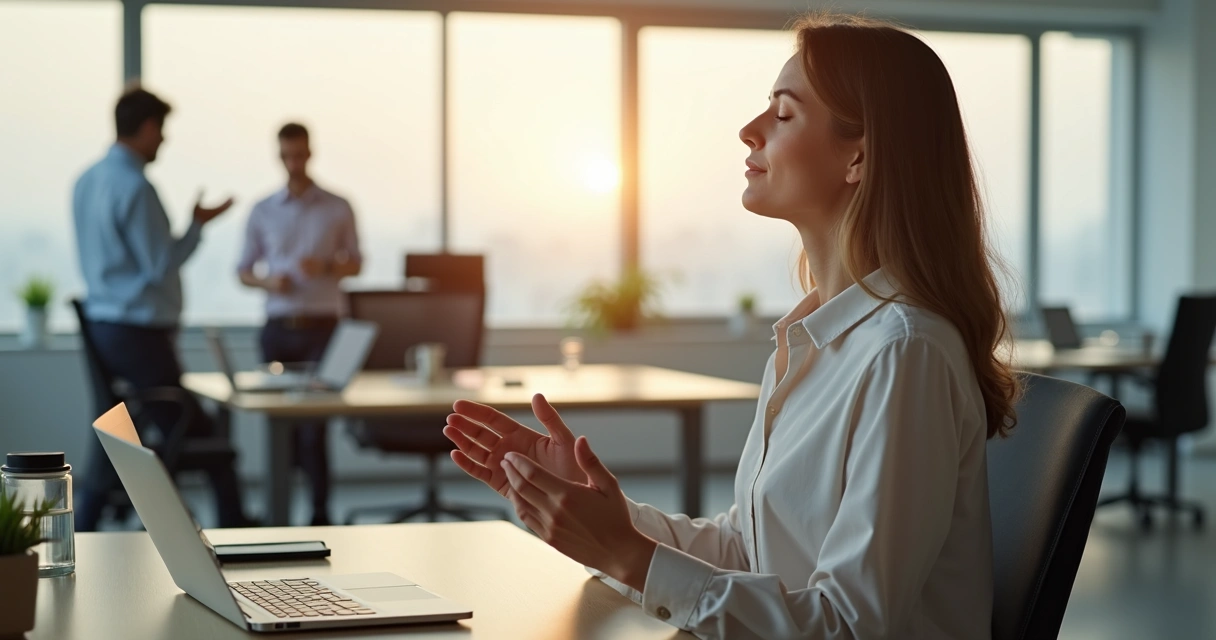Profesional en oficina respirando con calma tras conflicto laboral 