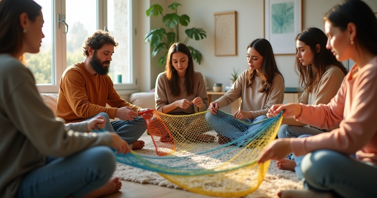 Grupo de pessoas em sala clara tecendo juntos uma rede colorida 