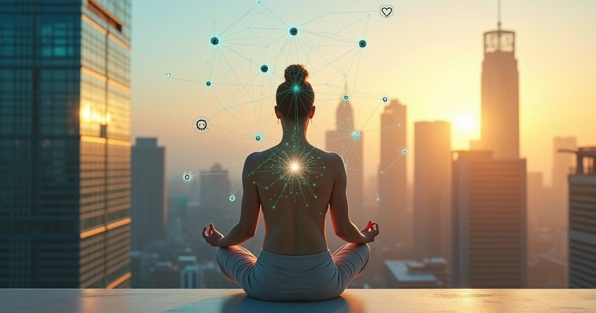 Persona meditando frente a un horizonte urbano con ondas conectando mente y corazón 