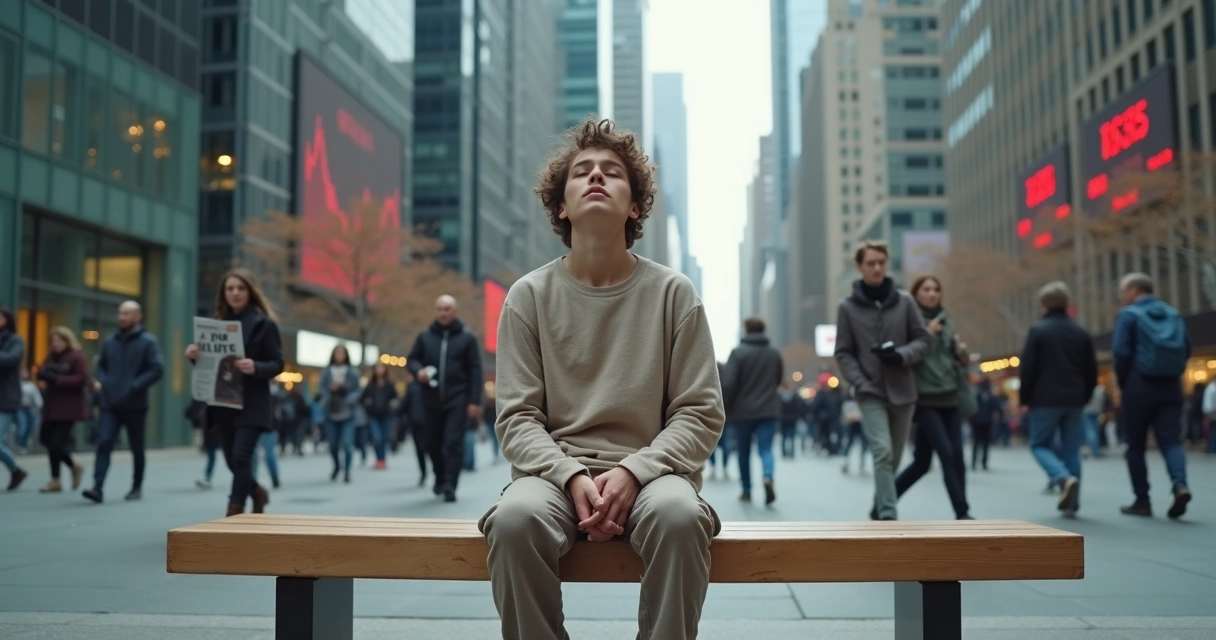 Pessoa serena em meio a cidade em crise mantendo calma e equilíbrio interno 