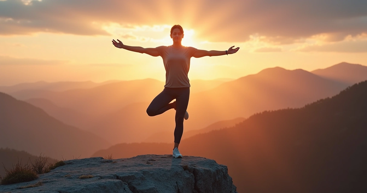 Pessoa em pé na beira de um penhasco mantendo equilíbrio em uma perna só ao nascer do sol 