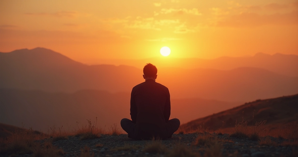 Pessoa sentada sozinha olhando o pôr do sol em local tranquilo