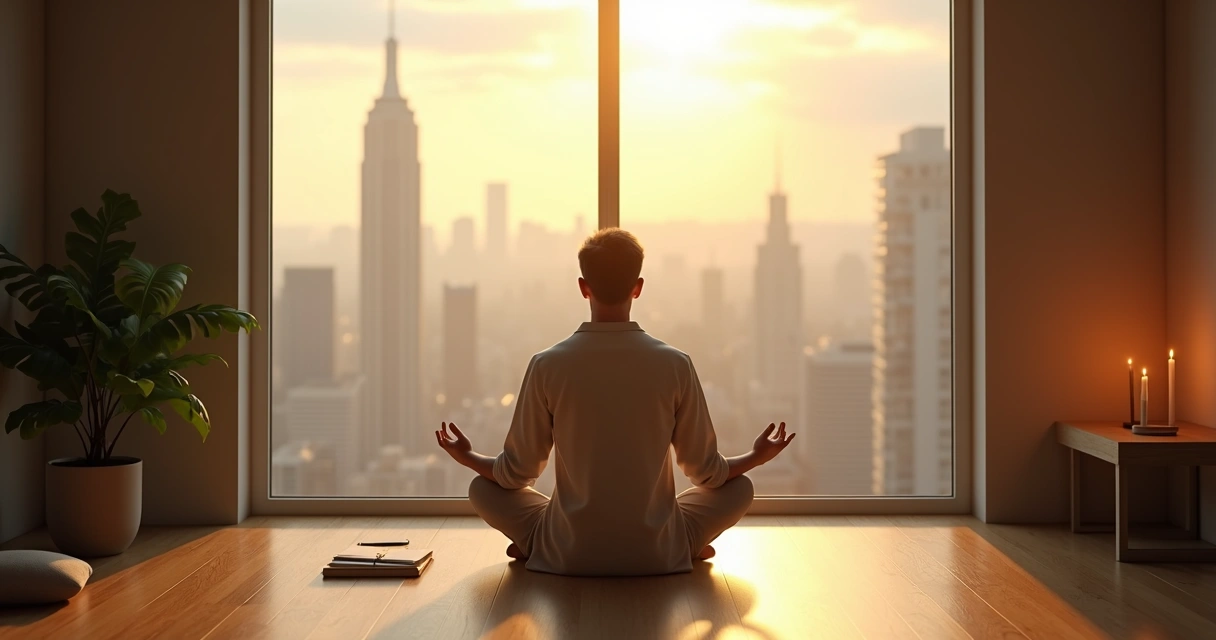 Pessoa sentada em meditação em sala simples com luz suave entrando pela janela 