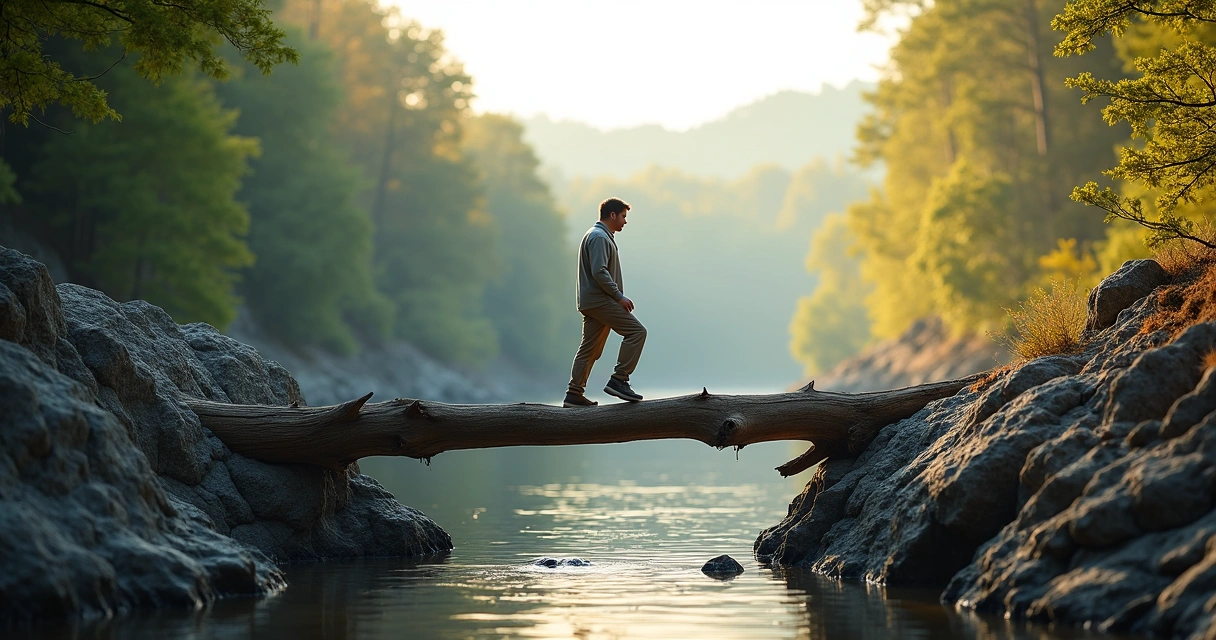Persona en equilibrio sobre un tronco entre rocas simbolizando resiliencia y flexibilidad mental 